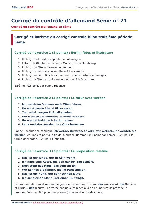 Corrigé du contrôle « Corrigé du contrôle d’allemand 5ème n° 21 » en PDF