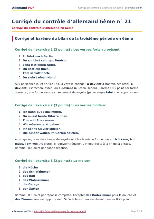 Corrigé du contrôle « Corrigé du contrôle d’allemand 6ème n° 21 » en PDF
