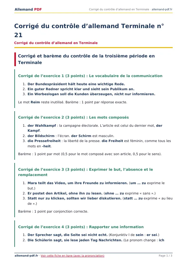 Corrigé du contrôle « Corrigé du contrôle d’allemand Terminale n° 21 » en PDF