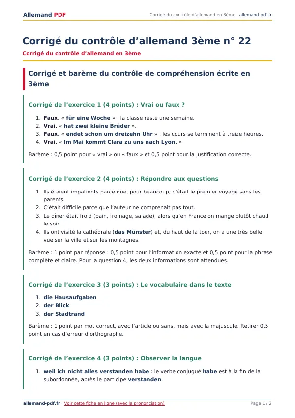 Corrigé du contrôle « Corrigé du contrôle d’allemand 3ème n° 22 » en PDF