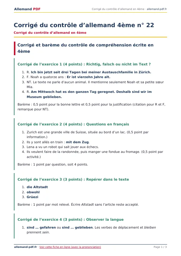 Corrigé du contrôle « Corrigé du contrôle d’allemand 4ème n° 22 » en PDF