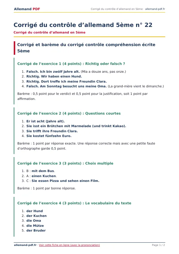 Corrigé du contrôle « Corrigé du contrôle d’allemand 5ème n° 22 » en PDF