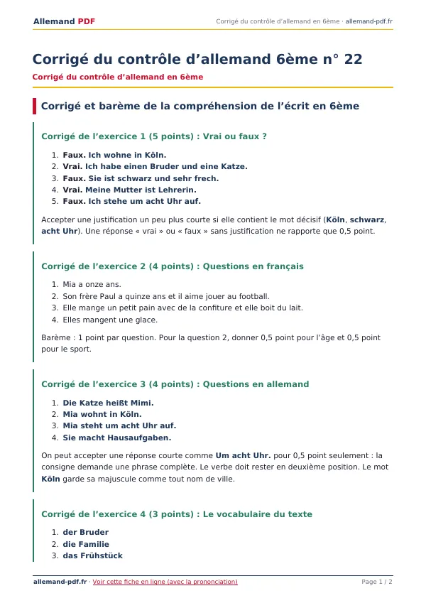 Corrigé du contrôle « Corrigé du contrôle d’allemand 6ème n° 22 » en PDF