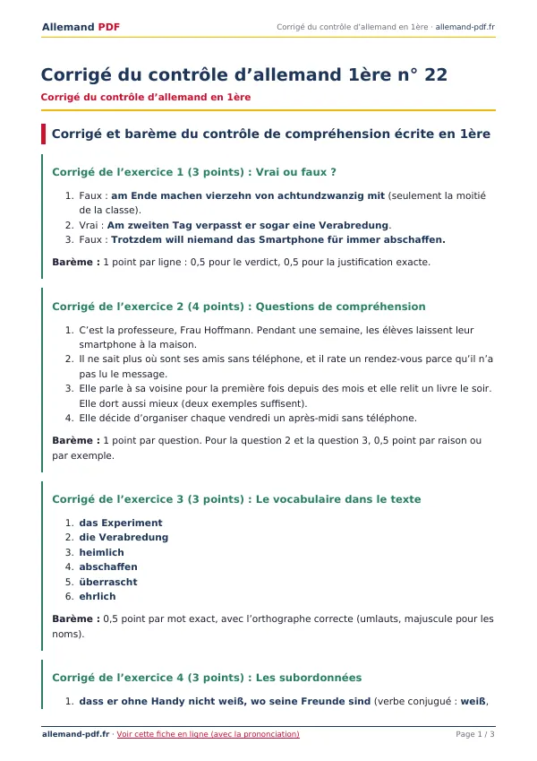 Corrigé du contrôle « Corrigé du contrôle d’allemand 1ère n° 22 » en PDF