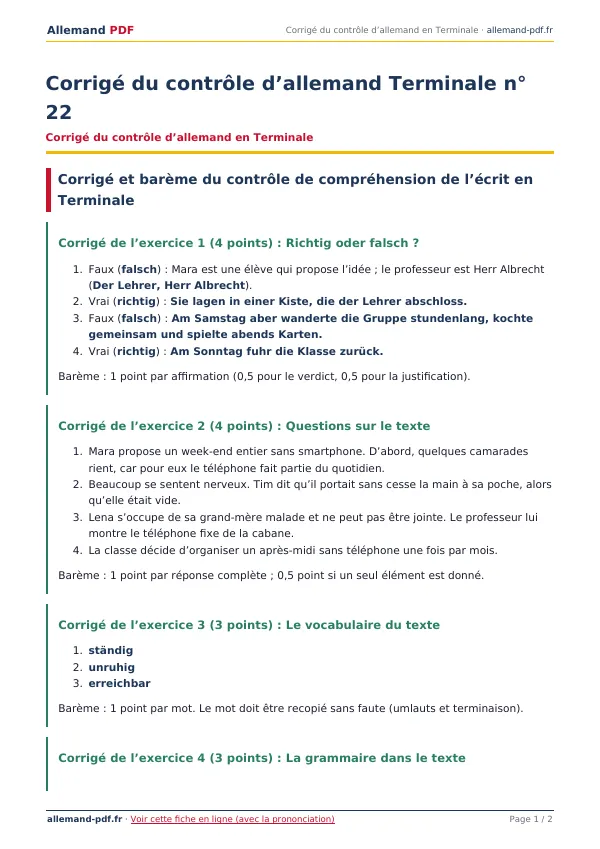 Corrigé du contrôle « Corrigé du contrôle d’allemand Terminale n° 22 » en PDF