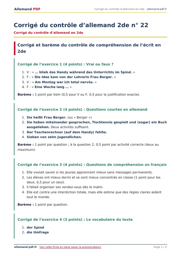 Corrigé du contrôle « Corrigé du contrôle d’allemand 2de n° 22 » en PDF