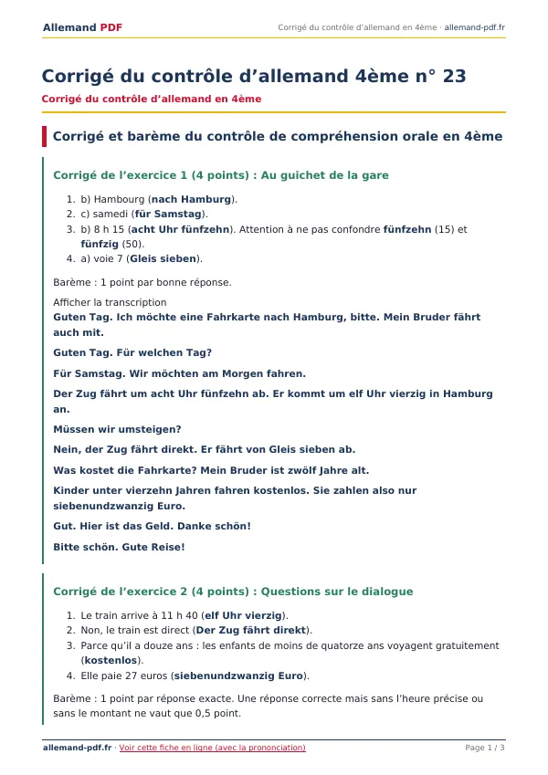 Corrigé du contrôle « Corrigé du contrôle d’allemand 4ème n° 23 » en PDF