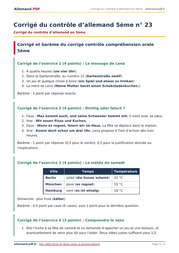 Corrigé du contrôle « Corrigé du contrôle d’allemand 5ème n° 23 » en PDF