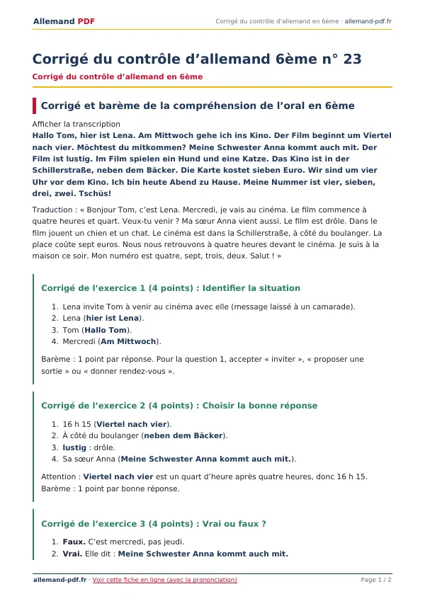 Corrigé du contrôle « Corrigé du contrôle d’allemand 6ème n° 23 » en PDF