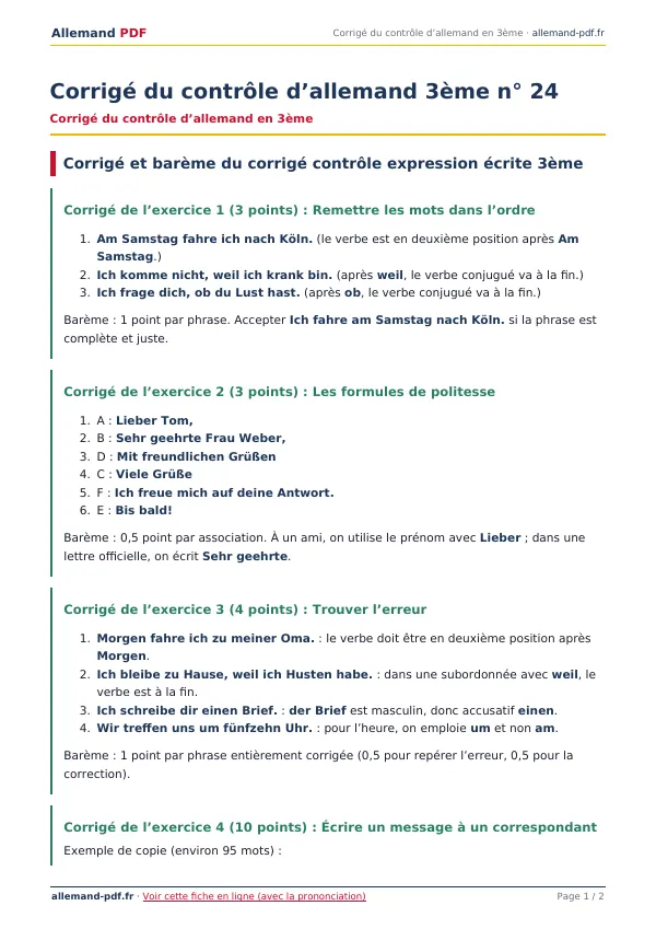 Corrigé du contrôle « Corrigé du contrôle d’allemand 3ème n° 24 » en PDF