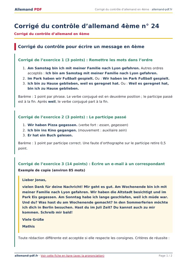 Corrigé du contrôle « Corrigé du contrôle d’allemand 4ème n° 24 » en PDF