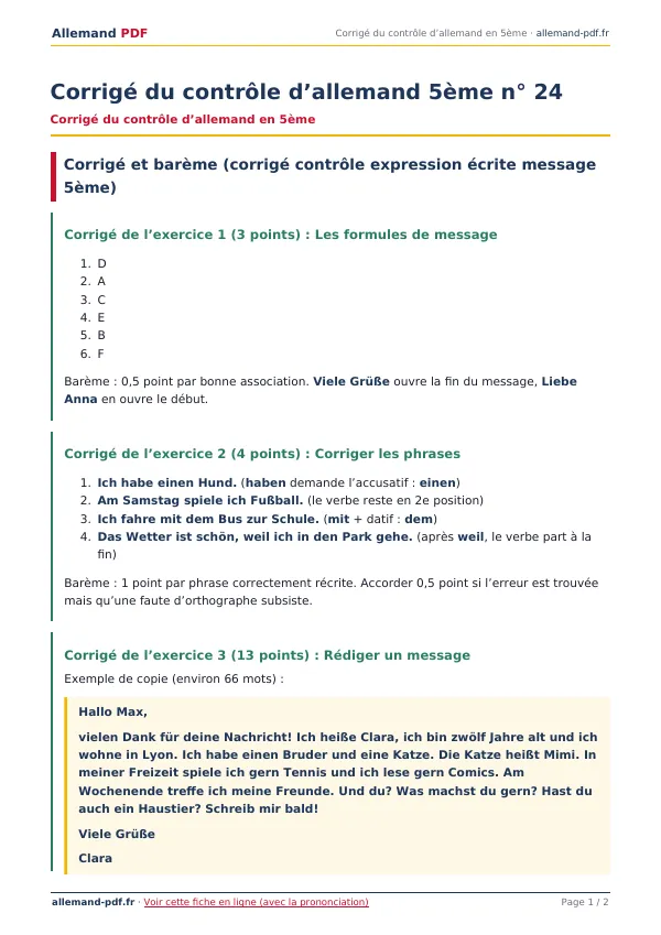 Corrigé du contrôle « Corrigé du contrôle d’allemand 5ème n° 24 » en PDF
