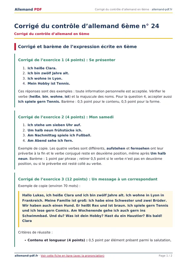 Corrigé du contrôle « Corrigé du contrôle d’allemand 6ème n° 24 » en PDF