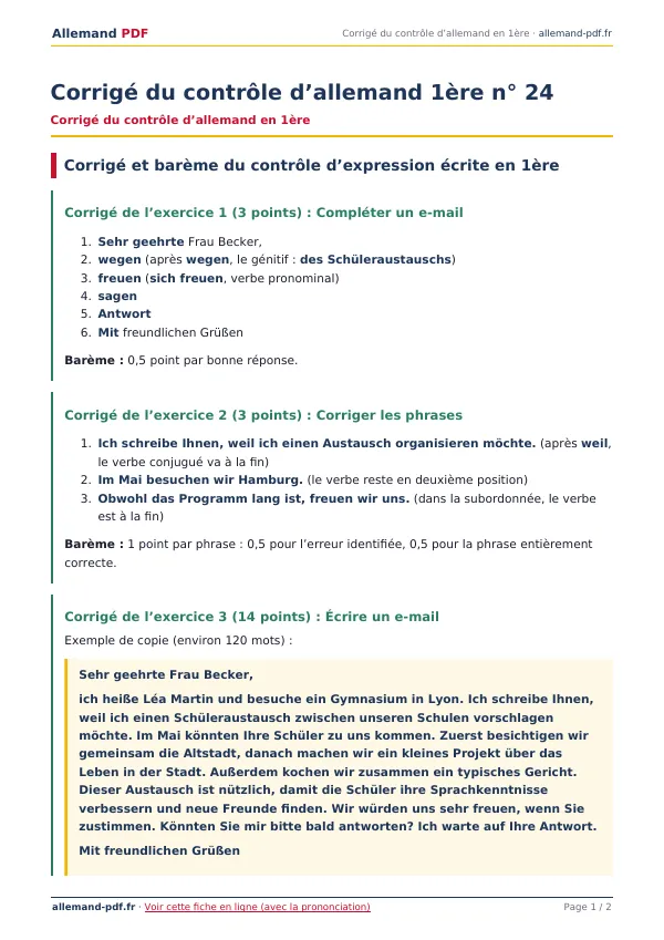 Corrigé du contrôle « Corrigé du contrôle d’allemand 1ère n° 24 » en PDF