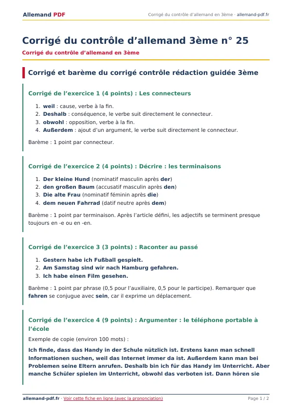 Corrigé du contrôle « Corrigé du contrôle d’allemand 3ème n° 25 » en PDF