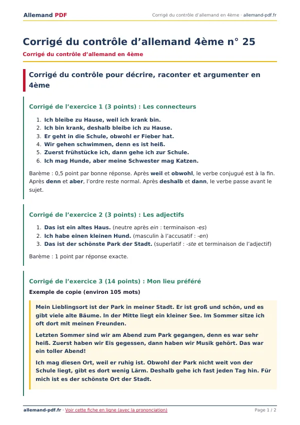 Corrigé du contrôle « Corrigé du contrôle d’allemand 4ème n° 25 » en PDF