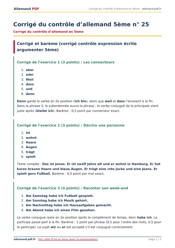 Corrigé du contrôle « Corrigé du contrôle d’allemand 5ème n° 25 » en PDF