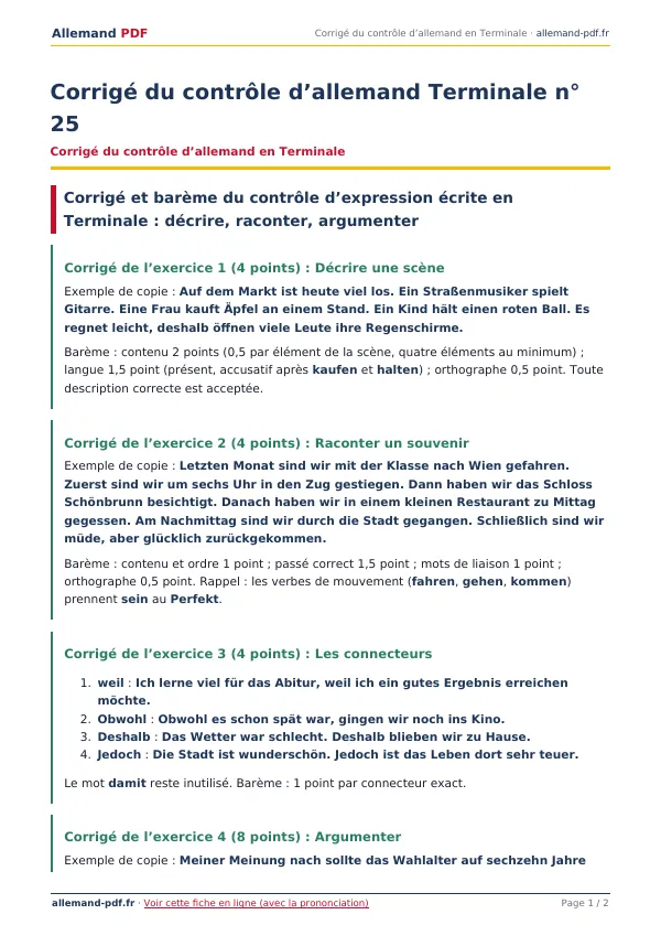 Corrigé du contrôle « Corrigé du contrôle d’allemand Terminale n° 25 » en PDF