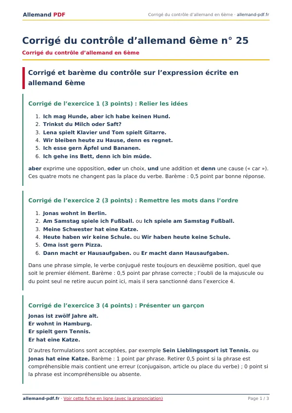 Corrigé du contrôle « Corrigé du contrôle d’allemand 6ème n° 25 » en PDF