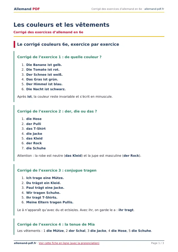 Corrigé « Les couleurs et les vêtements » en PDF