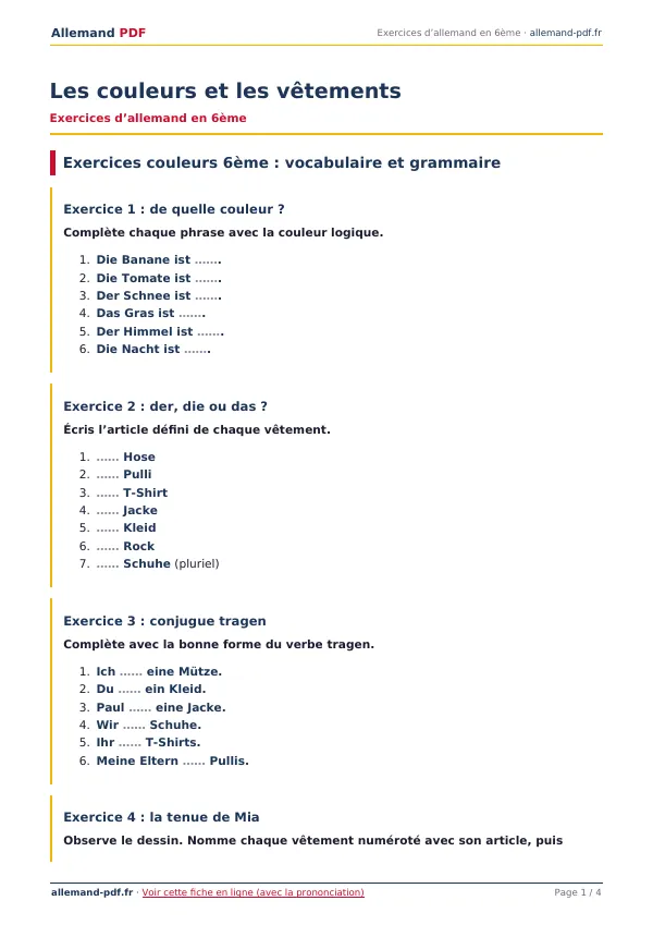 Exercices « Les couleurs et les vêtements » en PDF