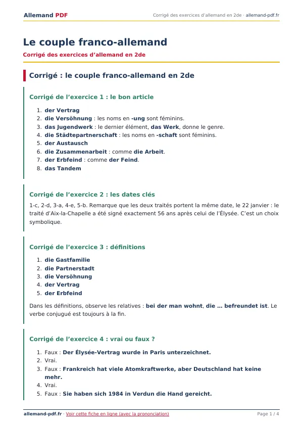 Corrigé « Le couple franco-allemand » en PDF