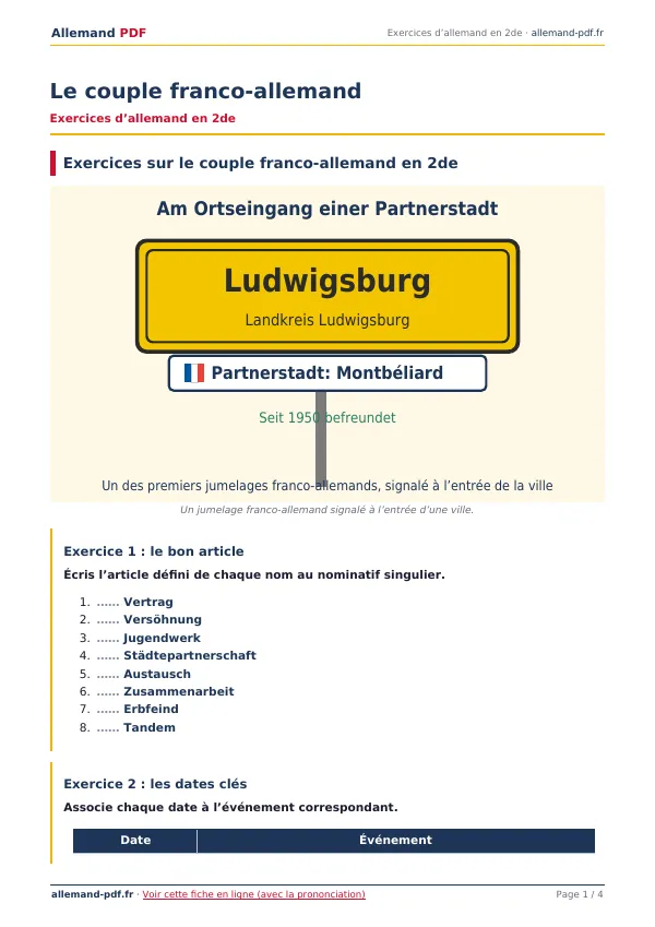 Exercices « Le couple franco-allemand » en PDF