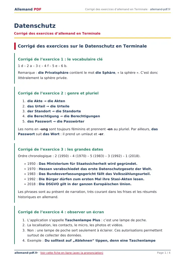 Corrigé « Datenschutz » en PDF