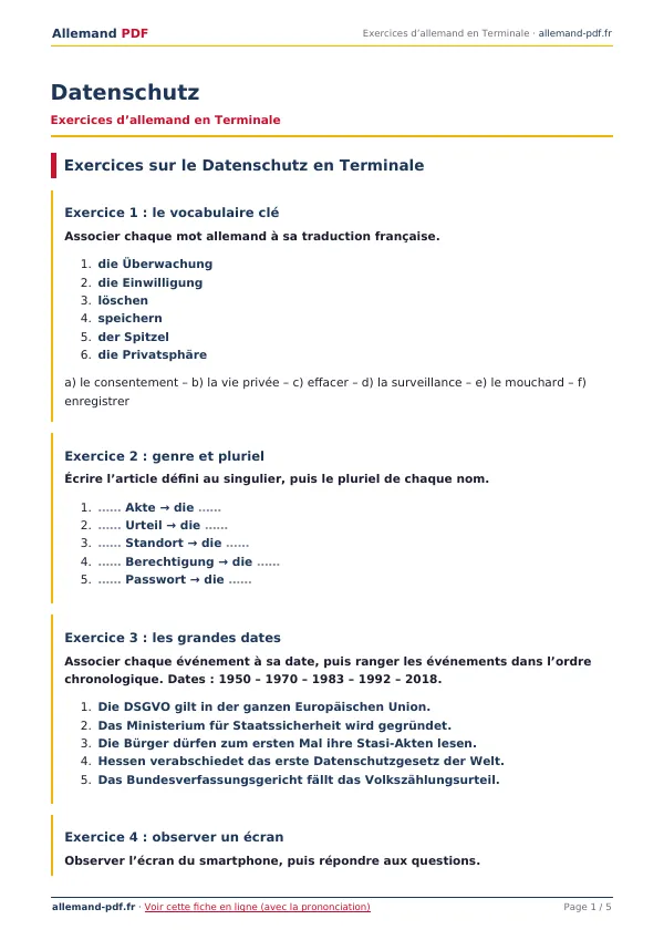 Exercices « Datenschutz » en PDF