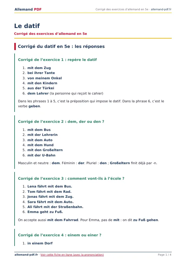 Corrigé « Le datif » en PDF