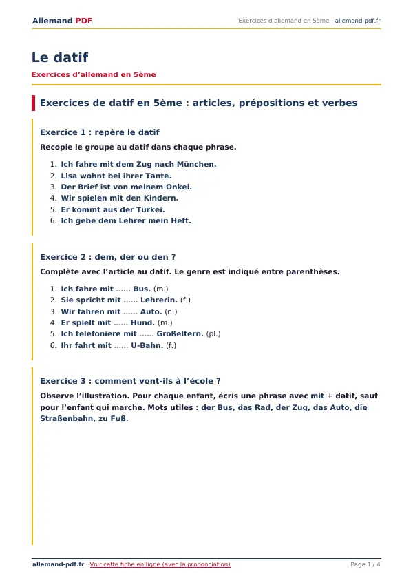 Exercices « Le datif » en PDF
