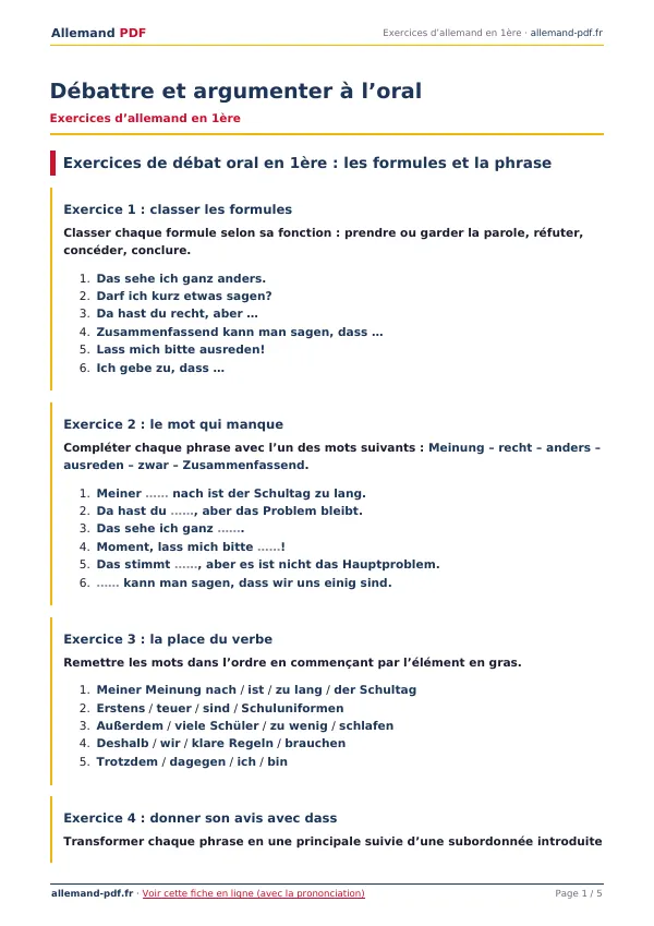 Exercices « Débattre et argumenter à l’oral » en PDF