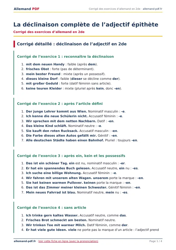 Corrigé « La déclinaison complète de l’adjectif épithète » en PDF