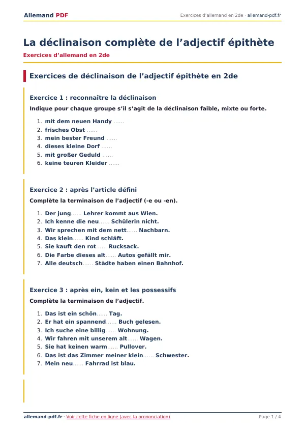 Exercices « La déclinaison complète de l’adjectif épithète » en PDF
