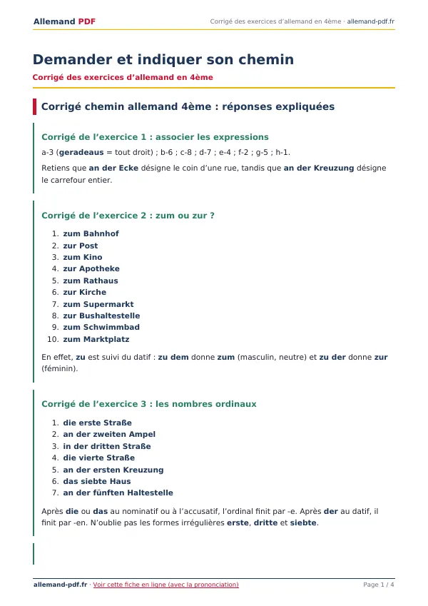 Corrigé « Demander et indiquer son chemin » en PDF