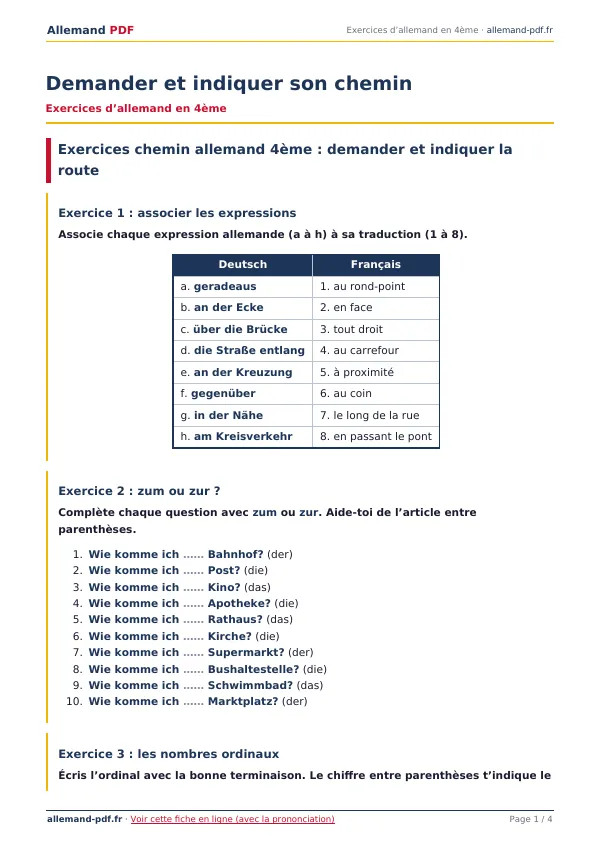 Exercices « Demander et indiquer son chemin » en PDF