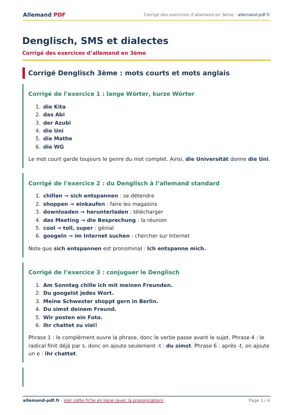 Corrigé « Denglisch, SMS et dialectes » en PDF