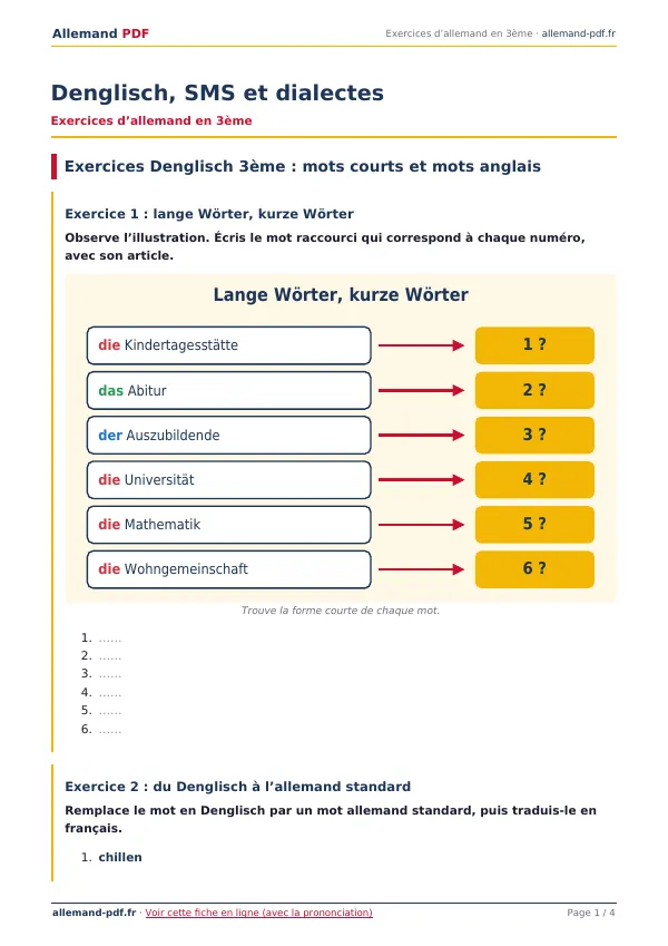 Exercices « Denglisch, SMS et dialectes » en PDF