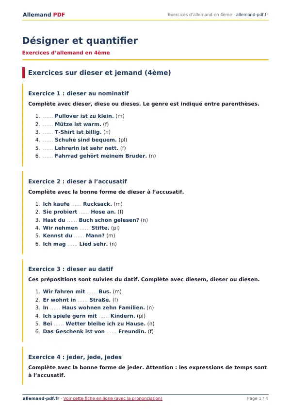 Exercices « Désigner et quantifier » en PDF