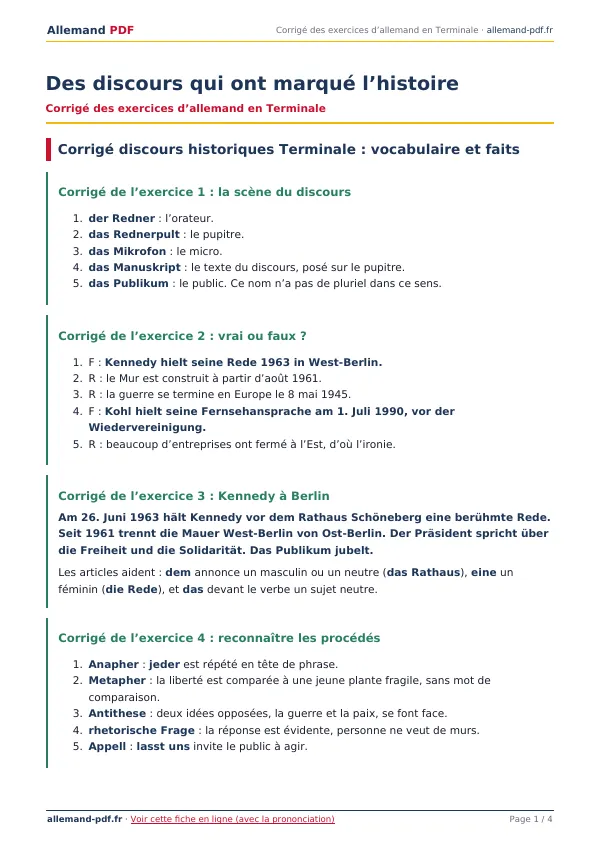Corrigé « Des discours qui ont marqué l’histoire » en PDF