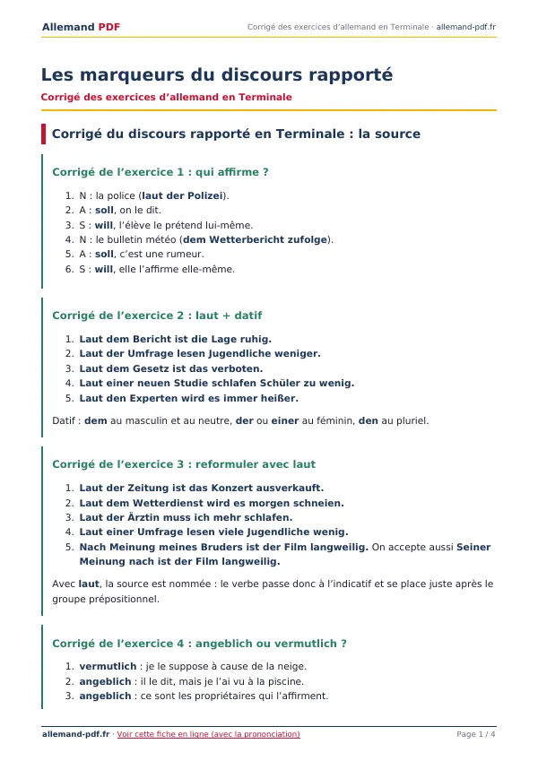 Corrigé « Les marqueurs du discours rapporté » en PDF