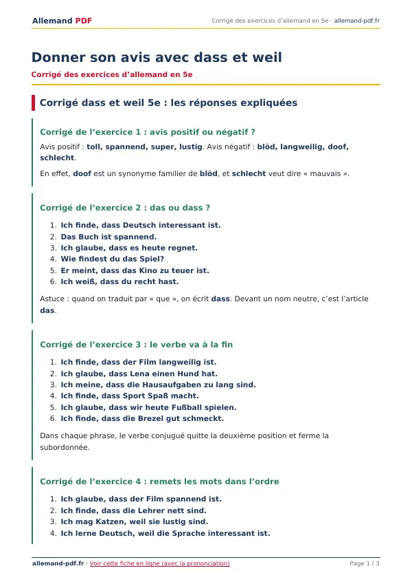 Corrigé « Donner son avis avec dass et weil » en PDF