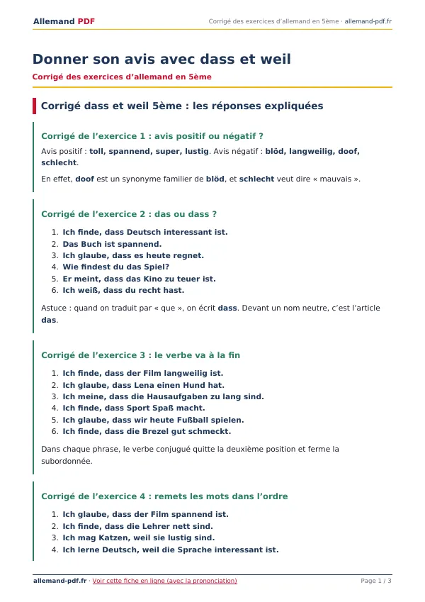 Corrigé « Donner son avis avec dass et weil » en PDF