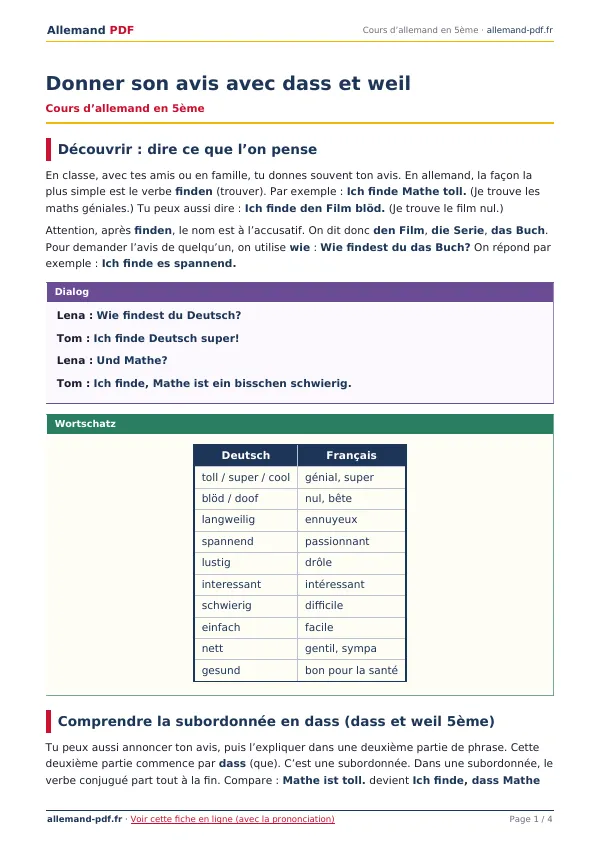 Cours « Donner son avis avec dass et weil » en PDF