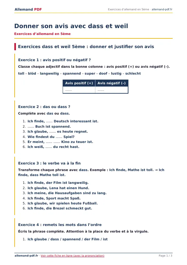Exercices « Donner son avis avec dass et weil » en PDF