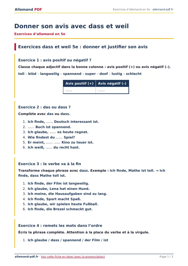 Exercices « Donner son avis avec dass et weil » en PDF