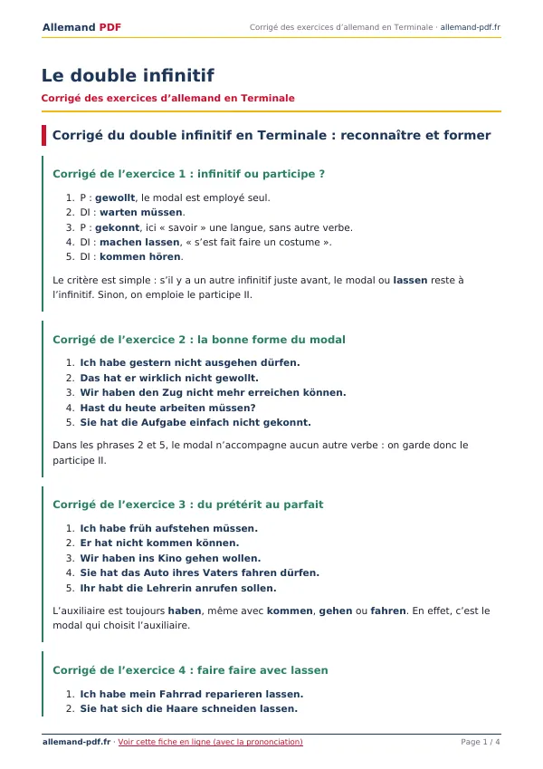 Corrigé « Le double infinitif » en PDF
