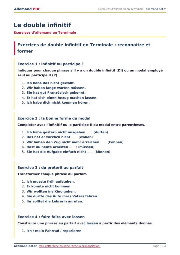 Exercices « Le double infinitif » en PDF