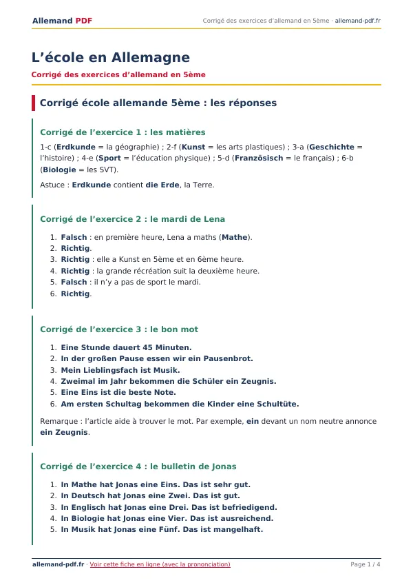 Corrigé « L’école en Allemagne » en PDF