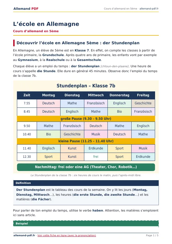 Cours « L’école en Allemagne » en PDF